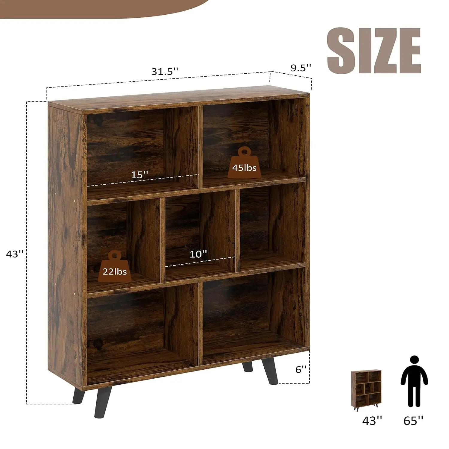 7 Cube 3 Tier Wooden Bookshelf with Legs, Storage Organizer Shelf for Bedroom Living Room Office, Brown, Customized