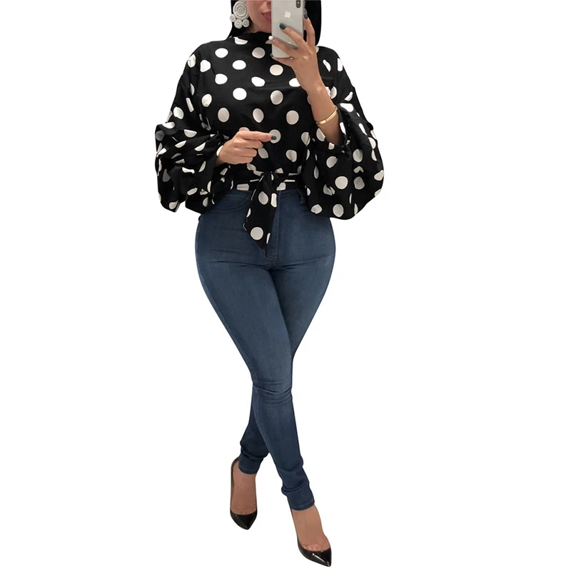 Mode Polka Dot Blouse Shirt Vrouwen Tops En Blouses Elegante Lange Lantaarn Mouwen Chiffon Top Streewear Vrouwen Herfst Blouse