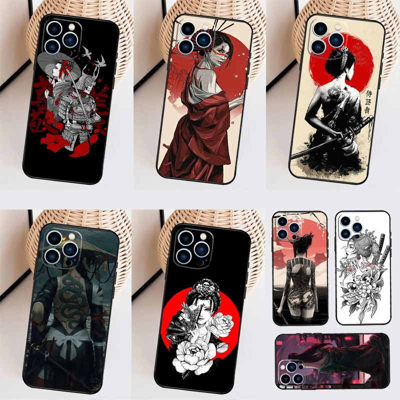 Samurai Warrior Geisha Cover Case For iPhone 14 Pro 11 16 15 Pro Max 12 13 Mini Plus XS X XR Funda