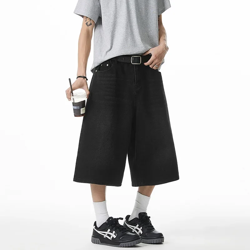 

Мужские широкие джинсовые шорты, винтажные свободные брюки длиной до колена, однотонные летние шорты 2024, на молнии, стираные