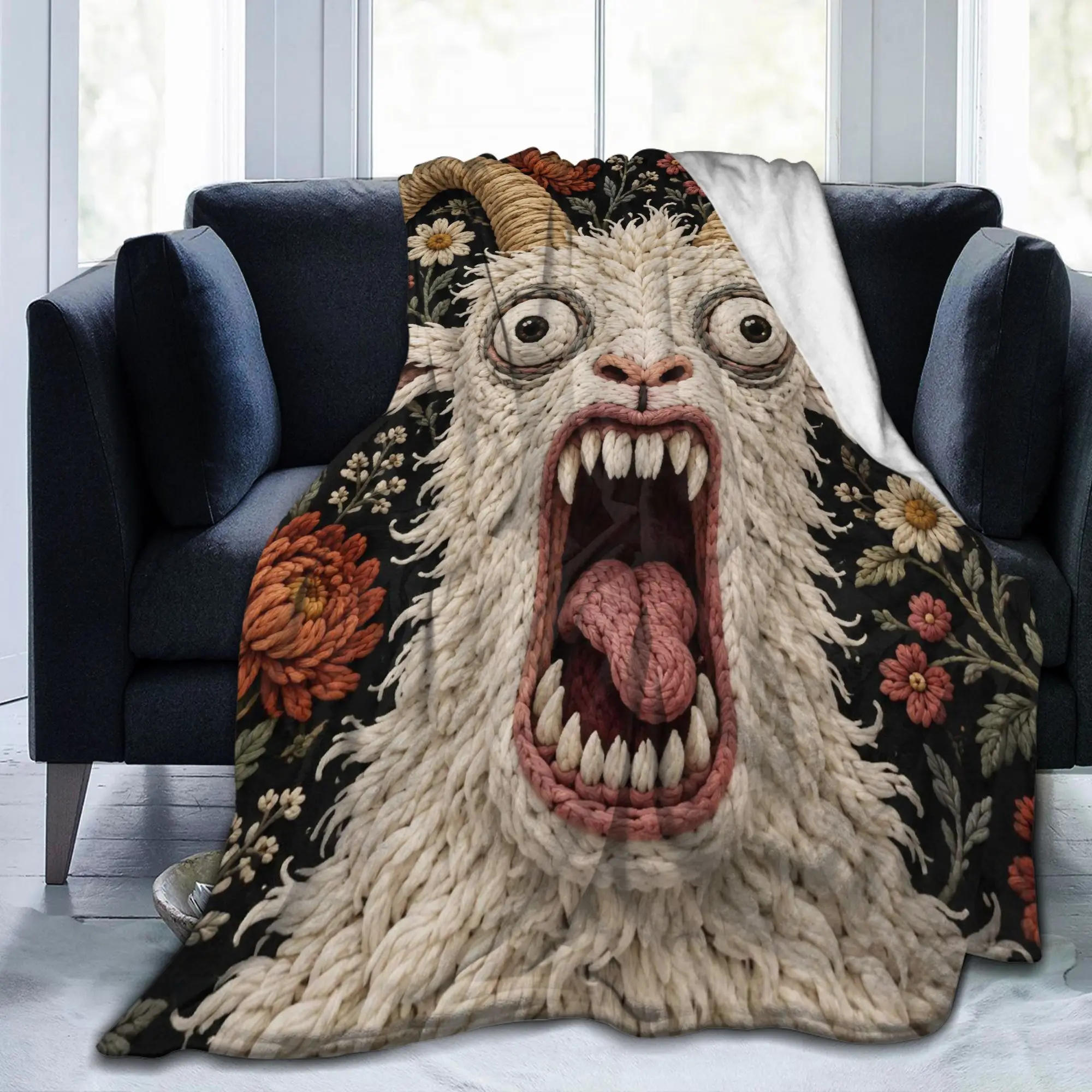 Screaming Goat Horror Gothic Floral Blankets Dark Humor Flannel Breathable Bedding Throw Blanket for Couch Winter Travel