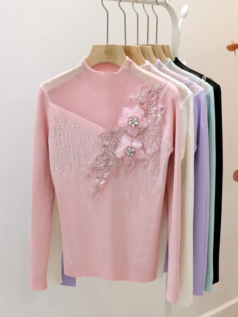 

Сексуальная полая трикотажная базовая рубашка Sweet Spicy Girl для женщин, бриллианты и 3D-цветочный декоративный дизайн, модный вязаный топ