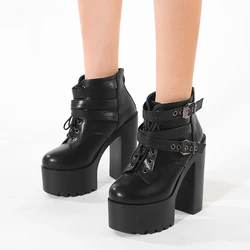 Gdgydh Women's Solid Color Block Heeled Boots Buckle Strap Fashion Goth Lace Up Dress Boots for Party Back Zipper Ankle Boots