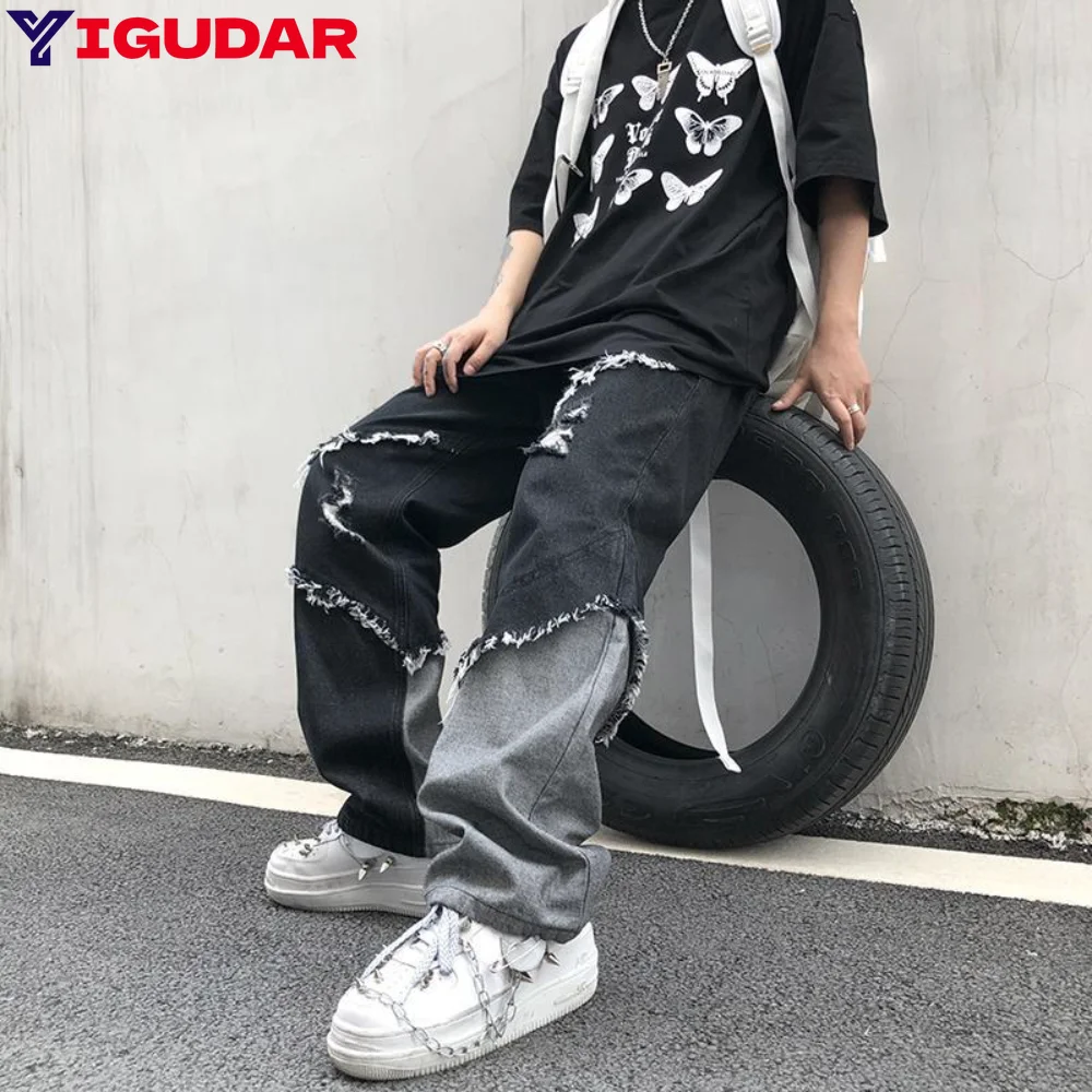 High Street Man Denim Pants Trousers Retro Y2k Straight Jean Streetwear Loose Mopping Pants Loose Design Fashion Casual Pants