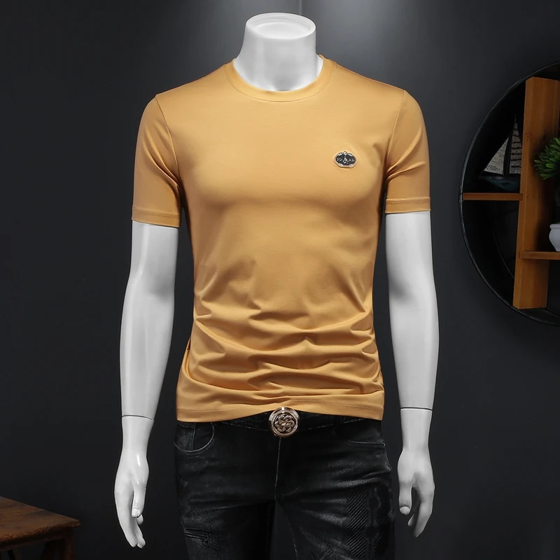Trendy Solid Color Round Neck Short Sleeved T-shirts Men High Quality Slim Fit Casual Business T-shirt Social Party Men Clothing