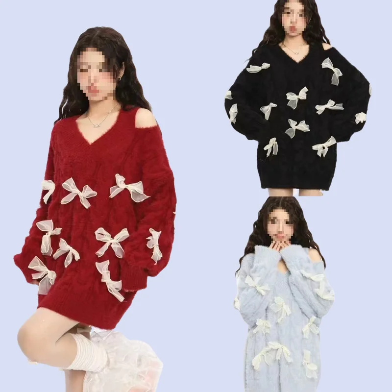 

New Fashion Autumn Winter Women Red Christmas Bow Pullover Sweater Off Shoulder Red Loose Niche Design Lazy Style Knittedsweater
