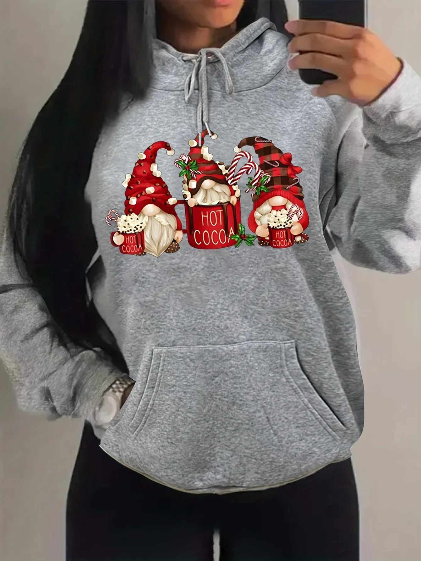 Plus Size Women\'s Printed Hooded Sweatshirt with Drawstring and Pocket for Casual Christmas