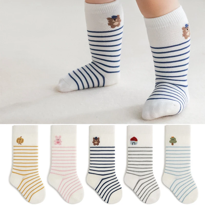 

New Spring Striped Cotton Socks Newborn Kids Cute Cartoon Baby Socks Infant Boys Girls Autumn Soft Boneless Knee High Socks 0-5Y