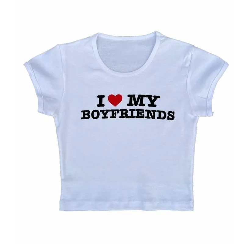 

Cute Grunge Baby tee Aesthetic Letter Print I my boy friends Punk Fairy Crop Top Y2k Clothes Streetwear Women's Slim Vintage Tee