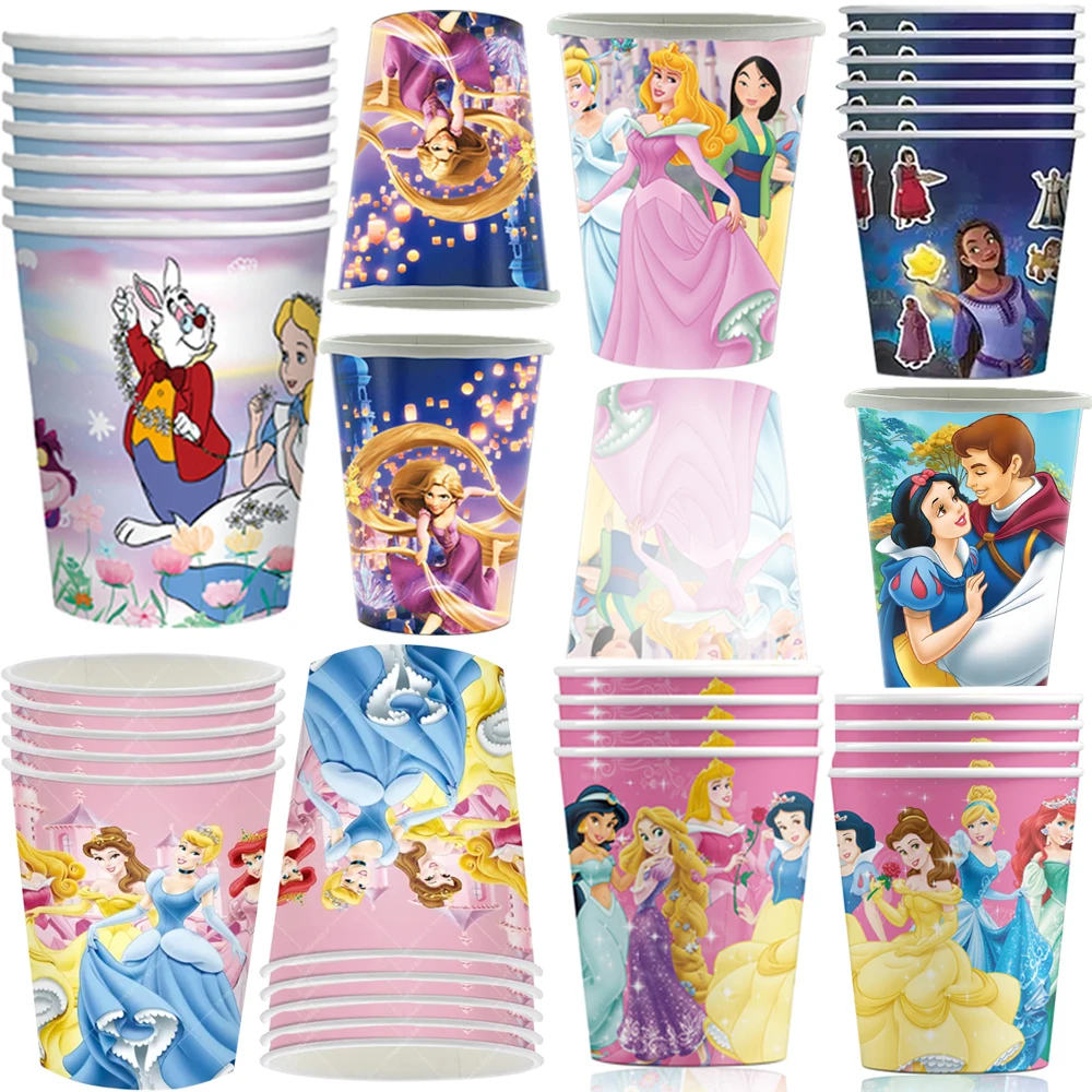 Disney Pink Princess Birthday Party Cups Supplies 9oz Alice Rapunzel Disposable Dinnerware Cups for Kids Girls Decorations