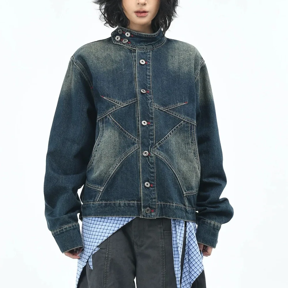 American retro three-dimensional deconstruction patchwork washed denim coat men's and women's loose short jacket style Y2K Emo