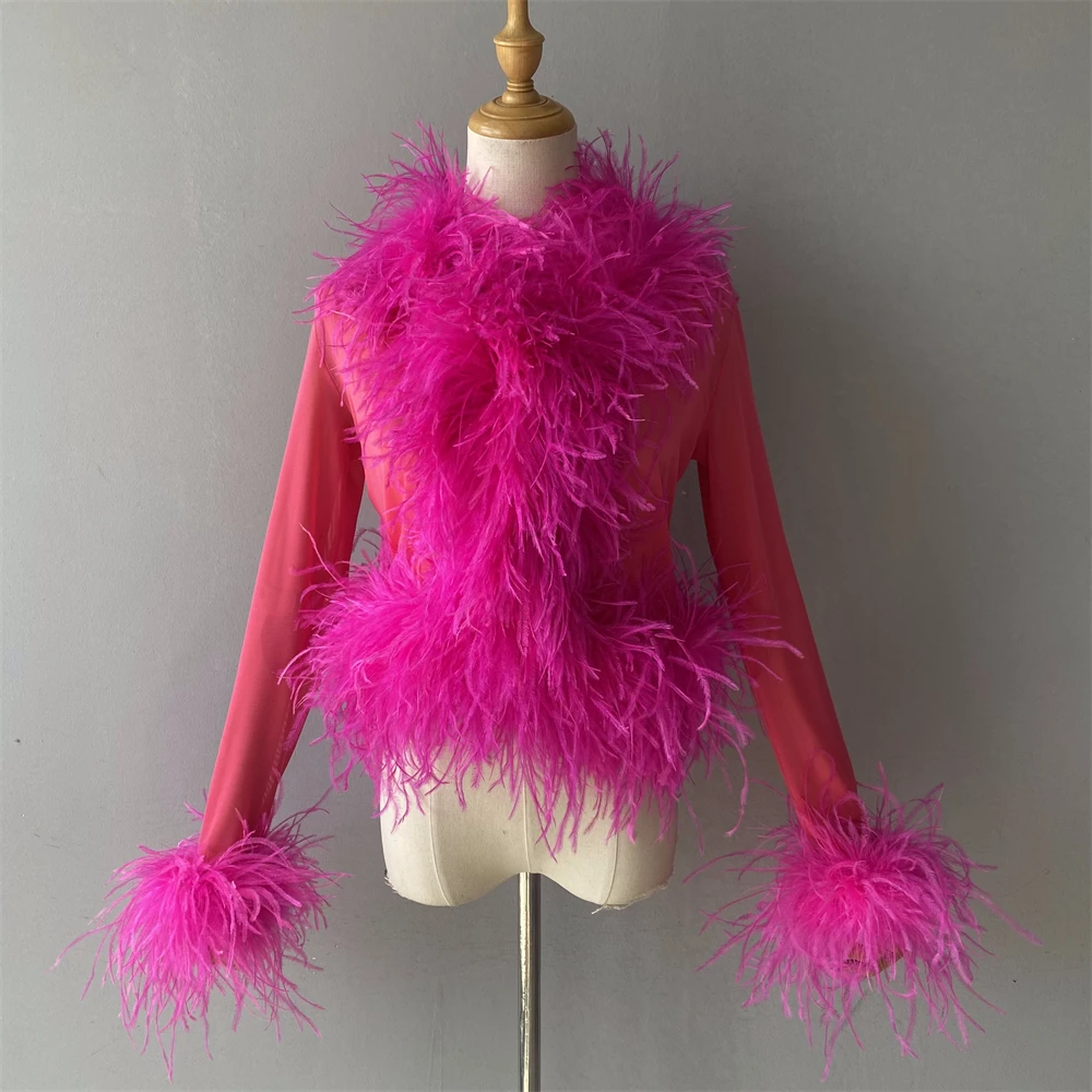 Jxwatcher Women Mesh Ostrich Feather Top Black S 3