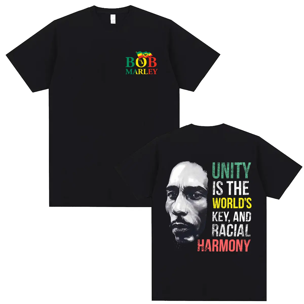 T-shirt graphique Reggae Bob Marley avec visage, « L'unité est la clé du monde et l'harmonie raciale », T-shirts décontractés vintage pour hommes et femmes