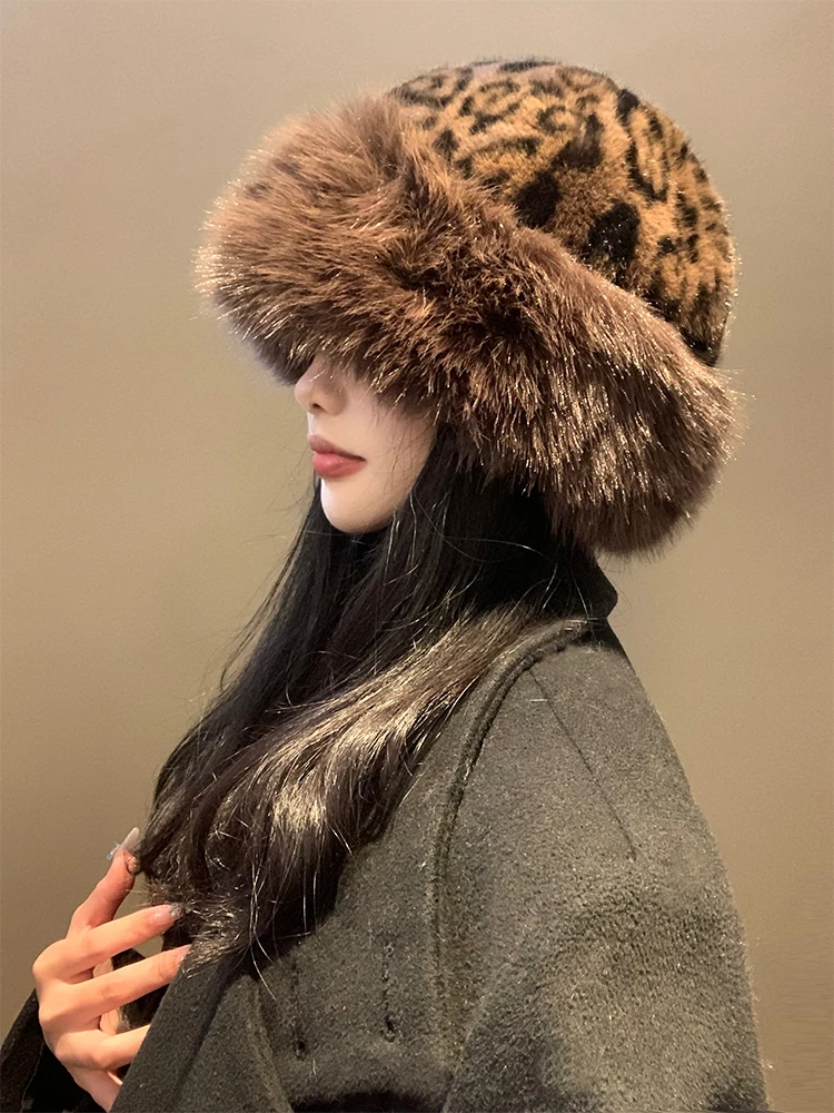 Leopard print warm plush hat autumn and winter retro thickened cold-proof face small ear protection bucket hat