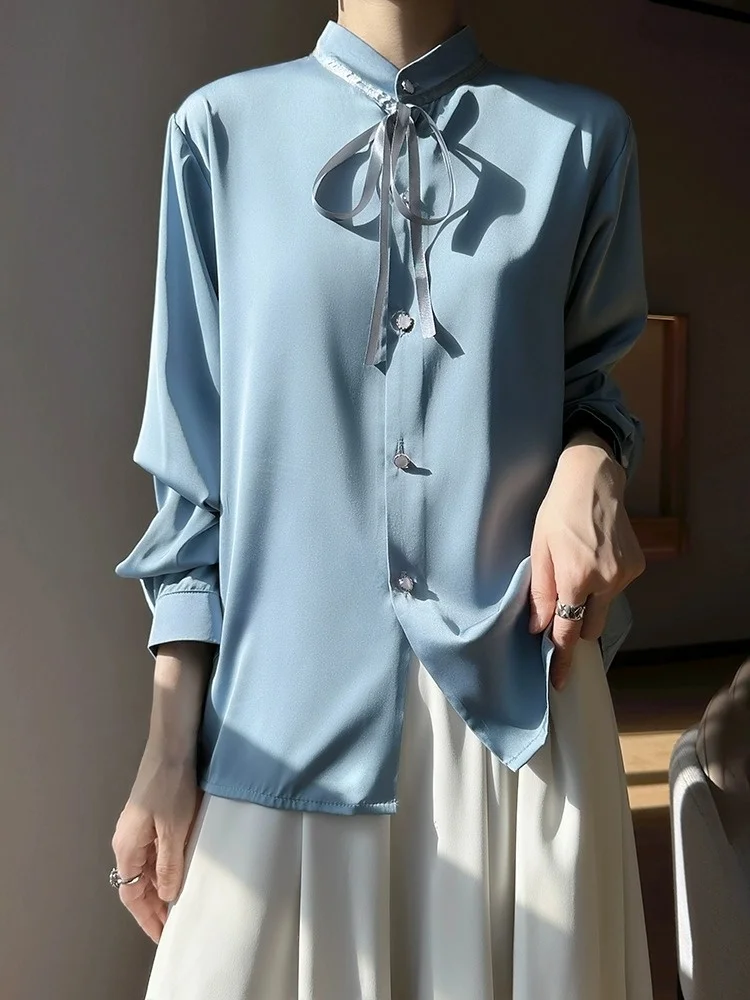 

Ele Silk irt Women's Stand Collar Design Trendy Long Sve Top Satin Ribbon Silk Blouse Loose Fit French Sle