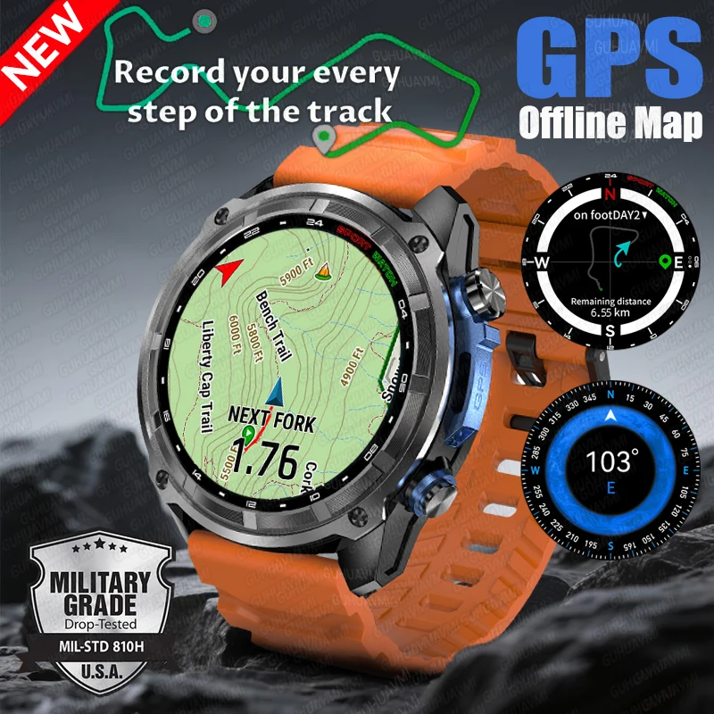 2025 New T-Rex Tactical Smartwatch Built-in GPS Offline Map 4GB Memory 5ATM IP69K Swimming Waterproof Men Militray Smart Bracele