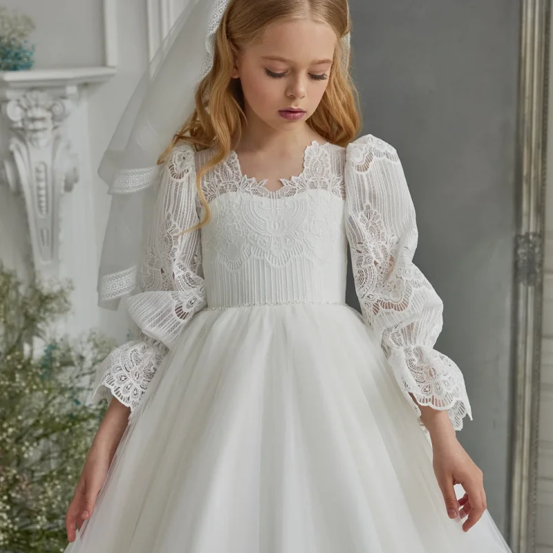 

White Flower Girls Dresses Satin Tulle Hem Appliques Lace 3/4 Sleeves For Wedding Prom Birthday Party First Communion Gowns