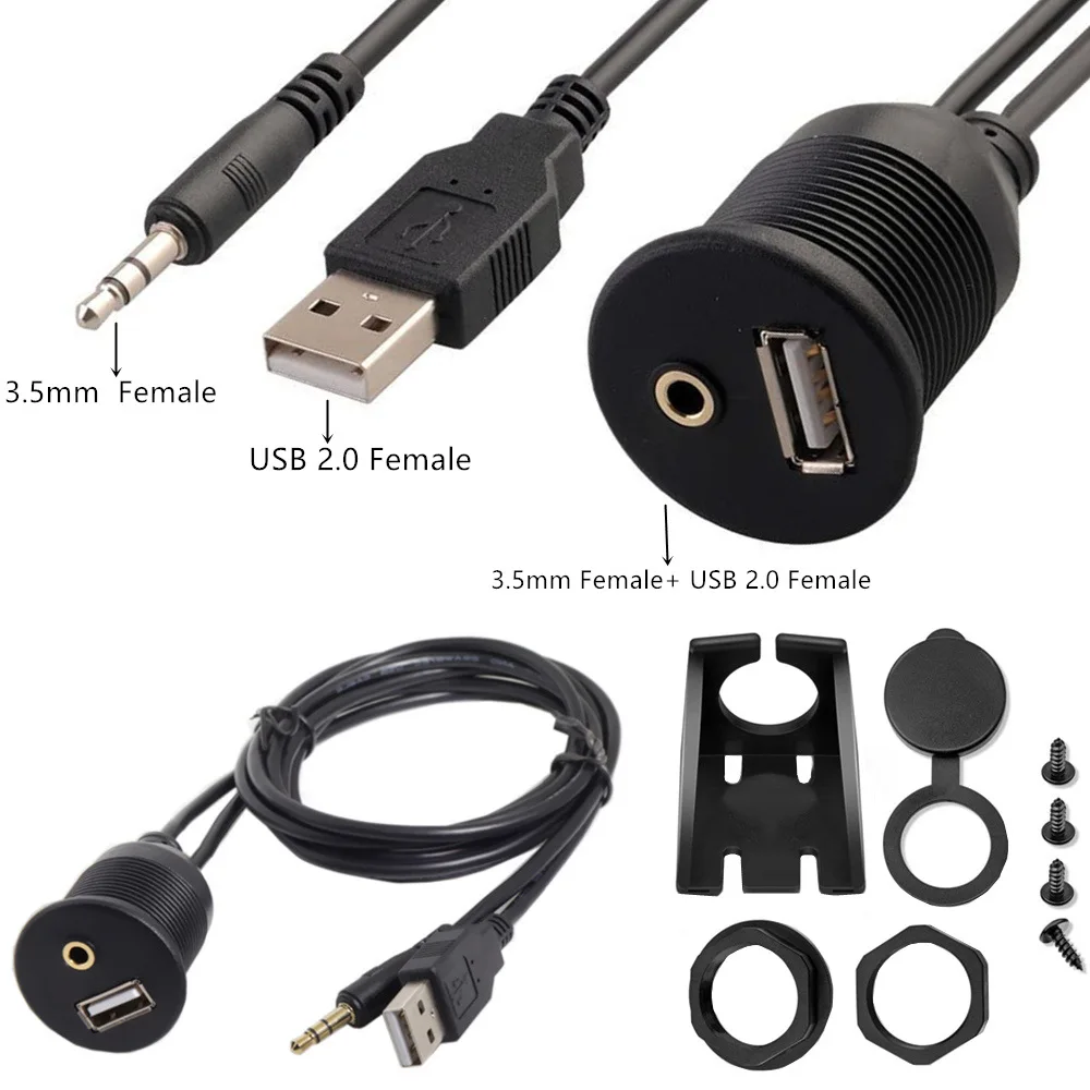 USB Flush Mount Panel USB 2.0 USB 3.0 3.5mm Extension 3.5 Mm Jack Dashboard Waterproof Line Cable For Car Motorcycle