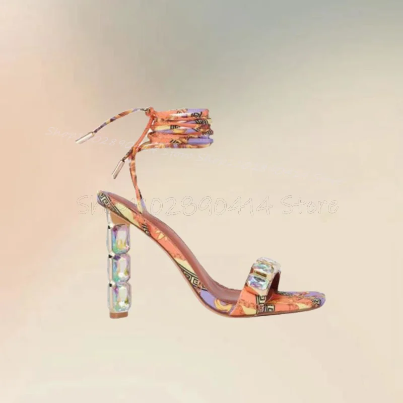 Crystal Decor Snakeskin Print Open Toe Sandals Lace Up Women Shoes Chunky High Heels Fashion Banquet 2024 Zapatos Para Mujere