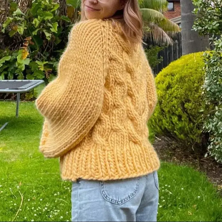 2024 New Spring Dress Yellow Women's Pure Wool Stick Knit Handwoven Sweater Knit Shirt Large Relaxed Casual Lazy Pullover Large