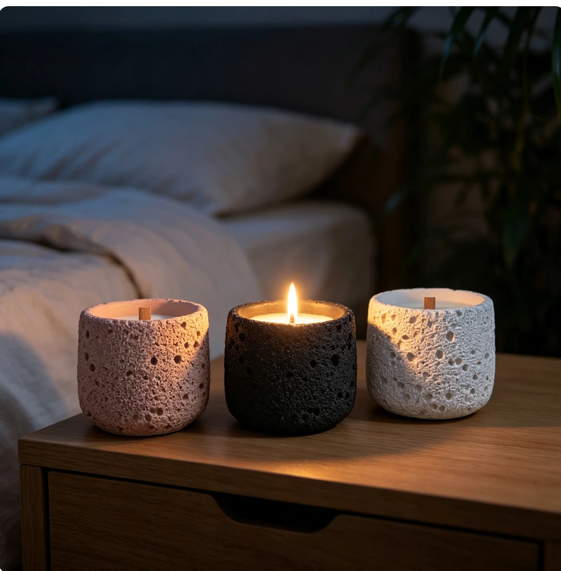 セメント調のテクスチャが施されたアロマキャンドル用カップ。D - Candle Lighter のレビューと価格