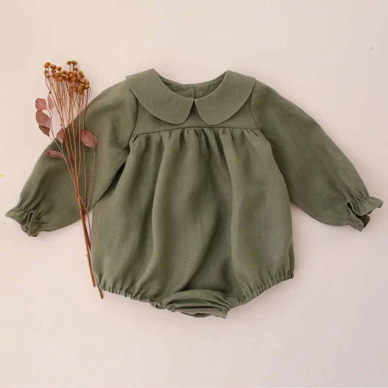 Toddler Girl Vintage Long Sleeve Clothes Baby Girl Linen Cotton Romper Jumpsuit Infant Solid Clothing