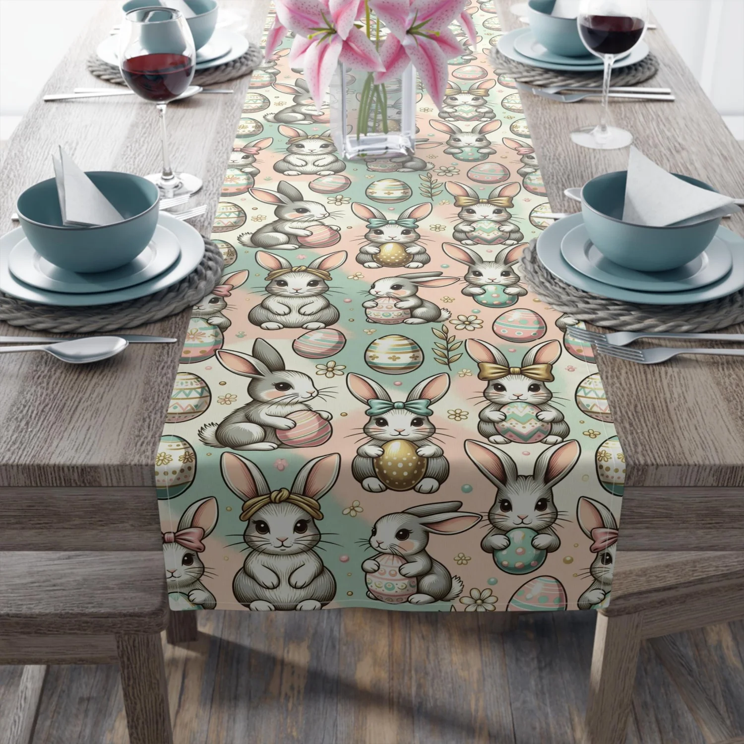 Oster-Tischläufer mit Hasenmotiv, Frühlings-Landhausdekoration, Frohe Ostern Tischläufer, Festliche Tischdecke