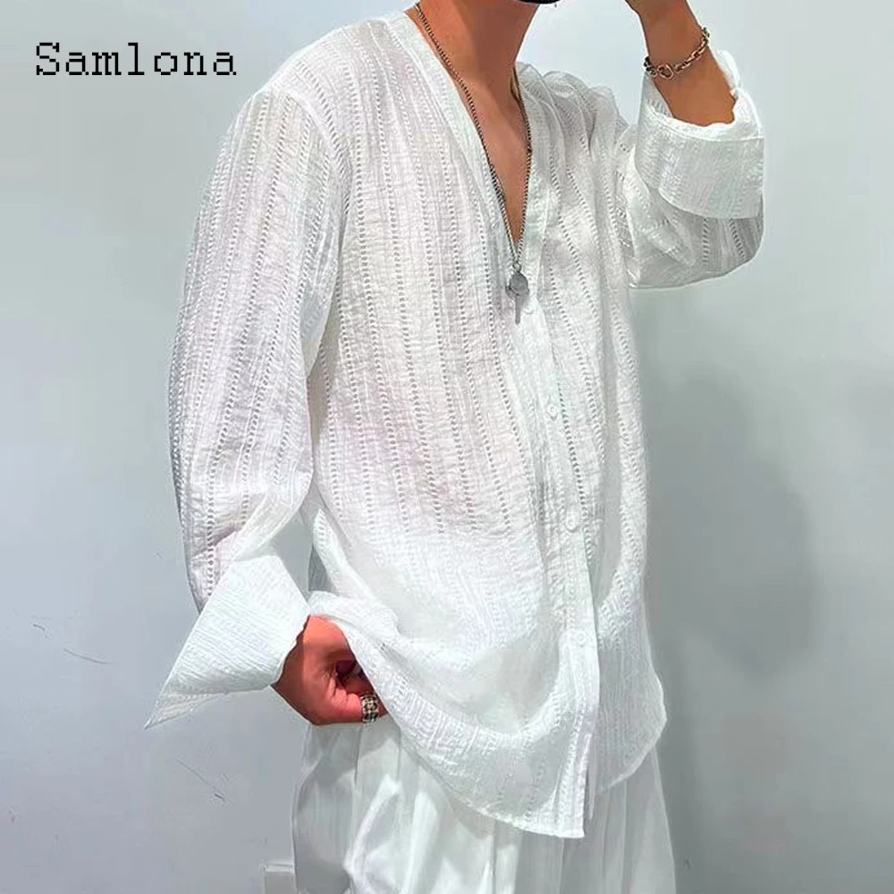 

Бело-черная прозрачная рубашка, мужская элегантная базовая трикотажная туника с длинным рукавом, блузка, последние летние повседневные пляжные топы с v-образным вырезом