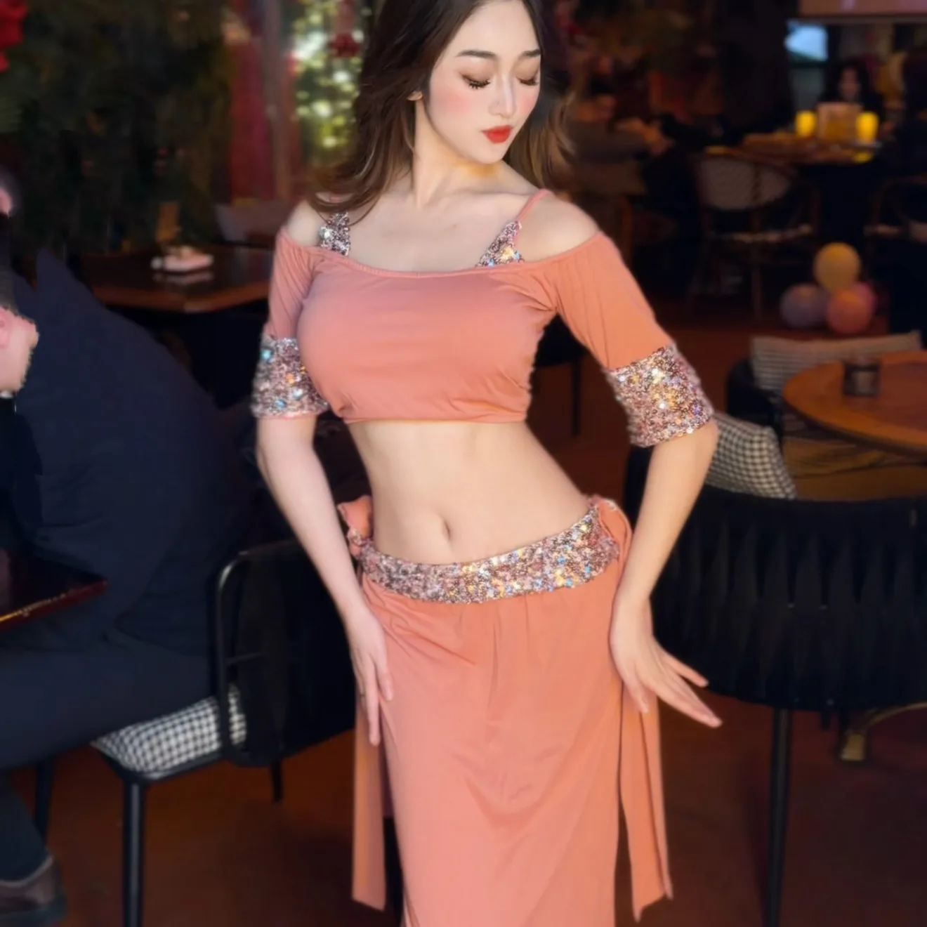 2026 Belly dance advanced sequin performance costume practice clothes adult female oriental dance team competition costumes
