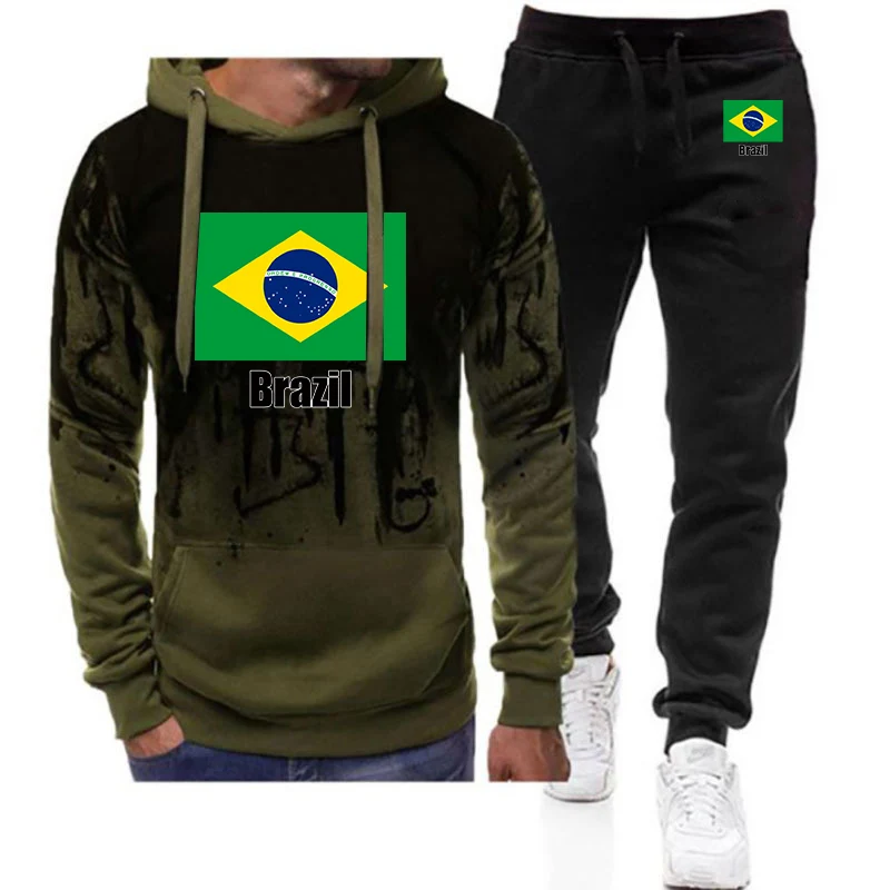 

2026 Brazil Flag Spring And Autumn Men's New Football Team Print Gradient Color Set Hoodie+Casual Sweatpant Two-piece Suit