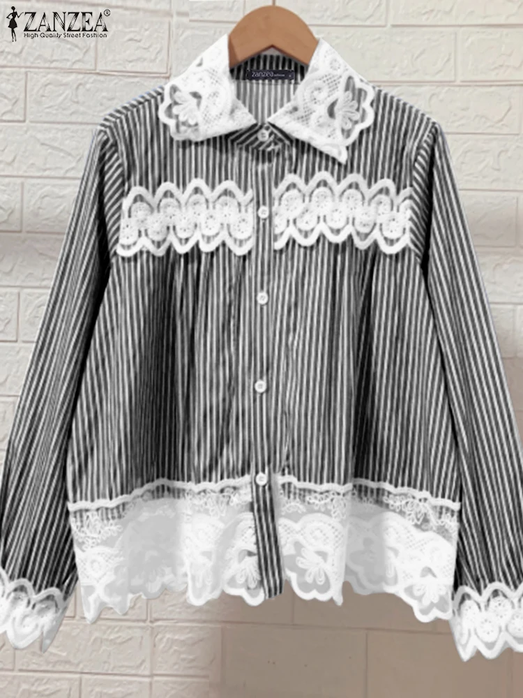 

ZANZEA Women Lace Shirts Fashion Long Seeve Blouse 2025 Casual Striped Patchwork Tunic Oversized Solid OL Work Ruffled Pullovers