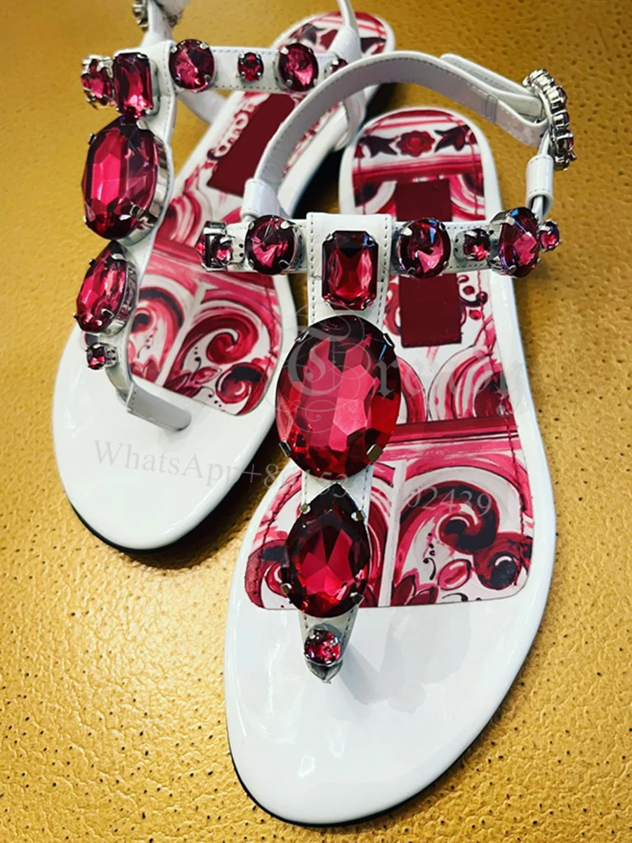 Red Gem Studded Flat Sandal Womens Print Gold Graffiti Blue Silver Casual Heel Open Flip Buckle Concise Slingback Gladiator Shoe