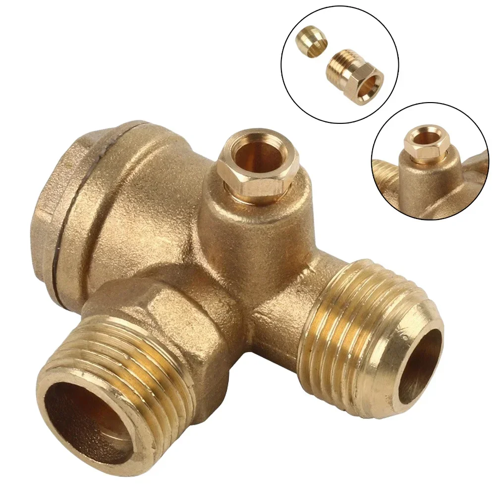 Air Compressor Check Valve 3-Port Air Tools Brass Connector Durable Gold Home Male Threaded Replacement Brand New