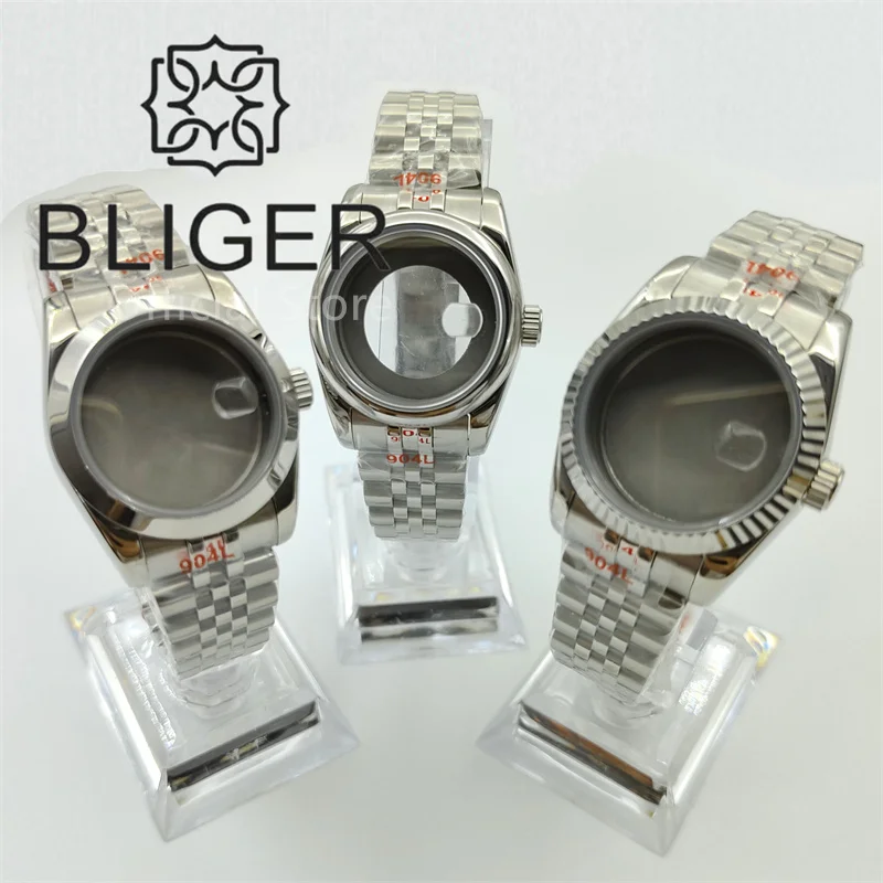 BLIGER 31mm Silver Watch Case With Jubilee Bracelet Round Fluetd Polished Bezel Sapphire Glass Fit NH05A Movements Women's Watch