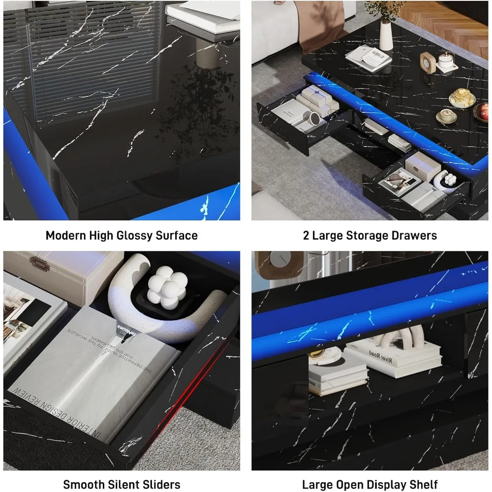 طاولة القهوة LED الحديثة عالية اللمعان 47.2 بوصة مع أدراج منزلقة، طاولة مركزية مزدوجة الطبقة، أضواء LED لديكور غرفة المعيشة #4