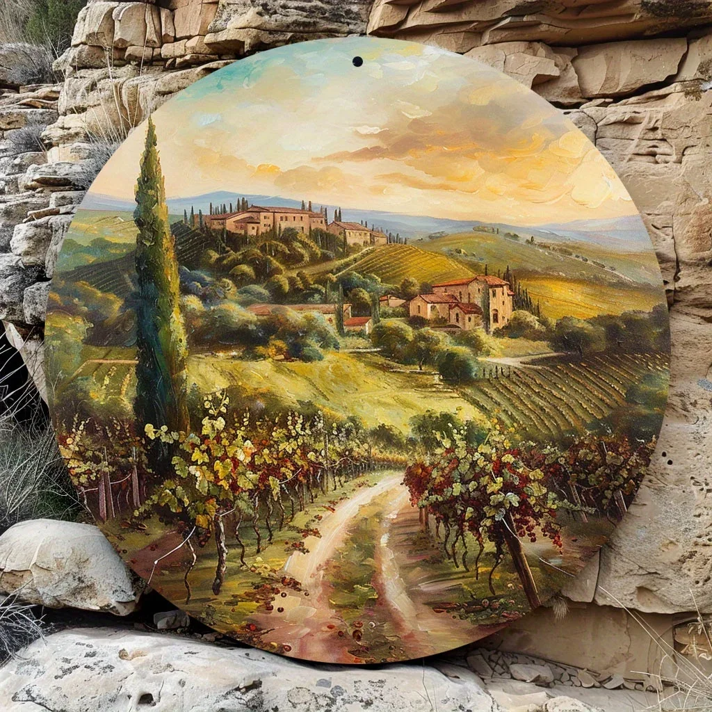 2D Flat - A 2D Metal Sign And a Round Metal Plaque Depicting The Sunset Over a Tuscan Vineyard, Embodying Italian Romance - a St