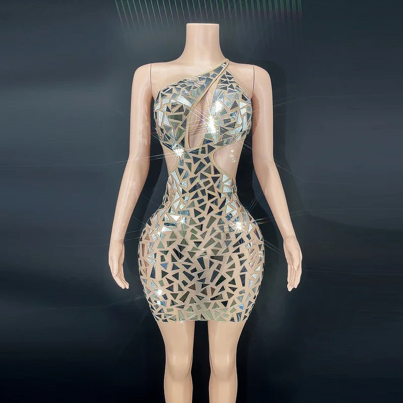 Costume da spettacolo di compleanno con paillettes scintillanti a specchio Mini abito da gala da donna sexy senza maniche Abito da cerimonia Donna Abito da ballo di lusso