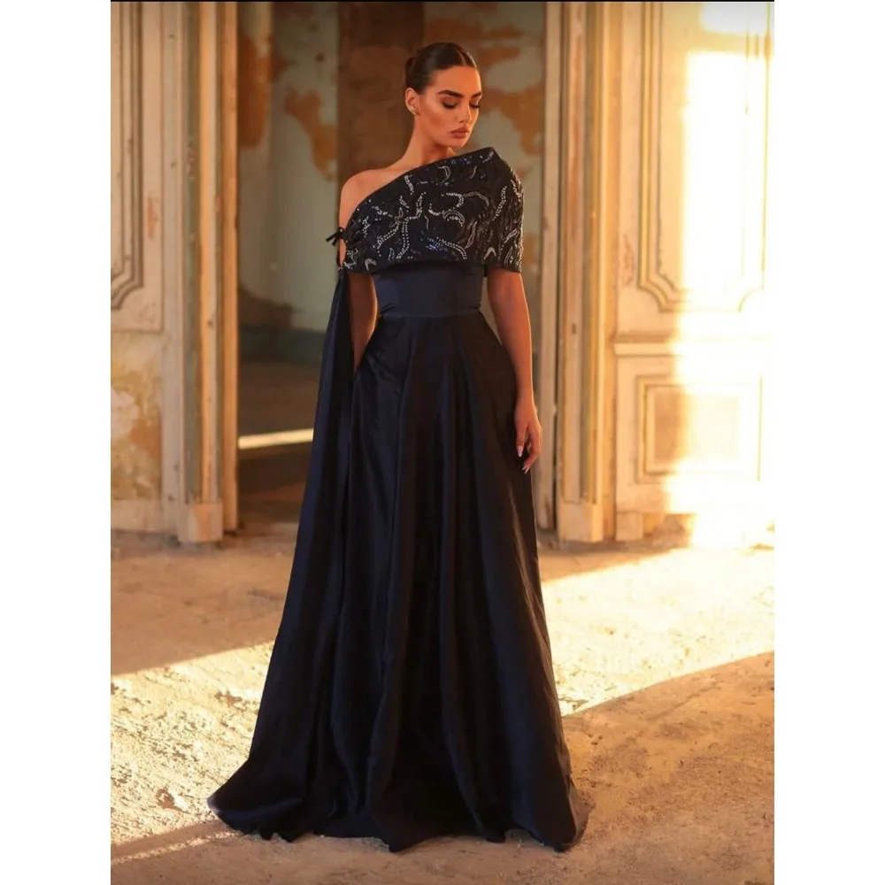 

Customized Beaded Evening Dresses Navy Blue One Shoulder Long Dress Exquisite A Line Elegant Prom Party Gowns for Women Bespoke