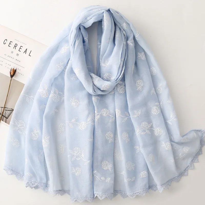 

Всесезонный шарф с вышивкой, женский хлопковый льняной однотонный кружевной шарф с розовым цветочным принтом, мягкая свежая стильная шаль 180x90 см