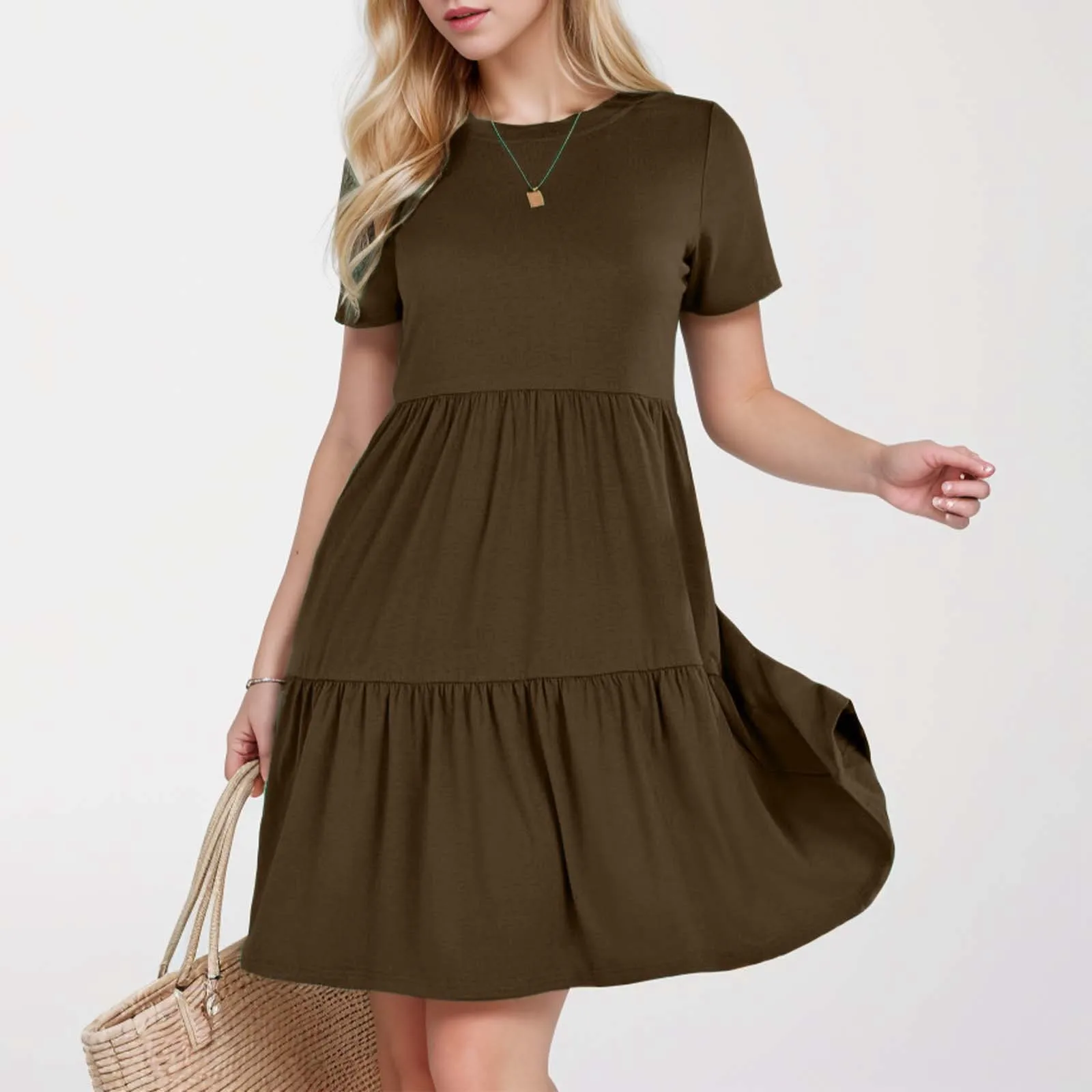 

New Fashion 2024 Causal Summer Dresses For Women Loose Solid Long O-neck Dress Vintage Short Sleeve Womens Clothing Vestidos