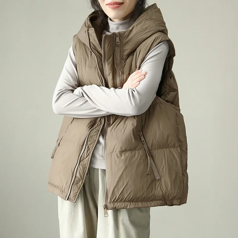 Sleeveless Hooded Down Jacket for Women Monochromatic Thick Waistcoat Casual Loose Vest Short Down Vest Simple Solid Color Winte