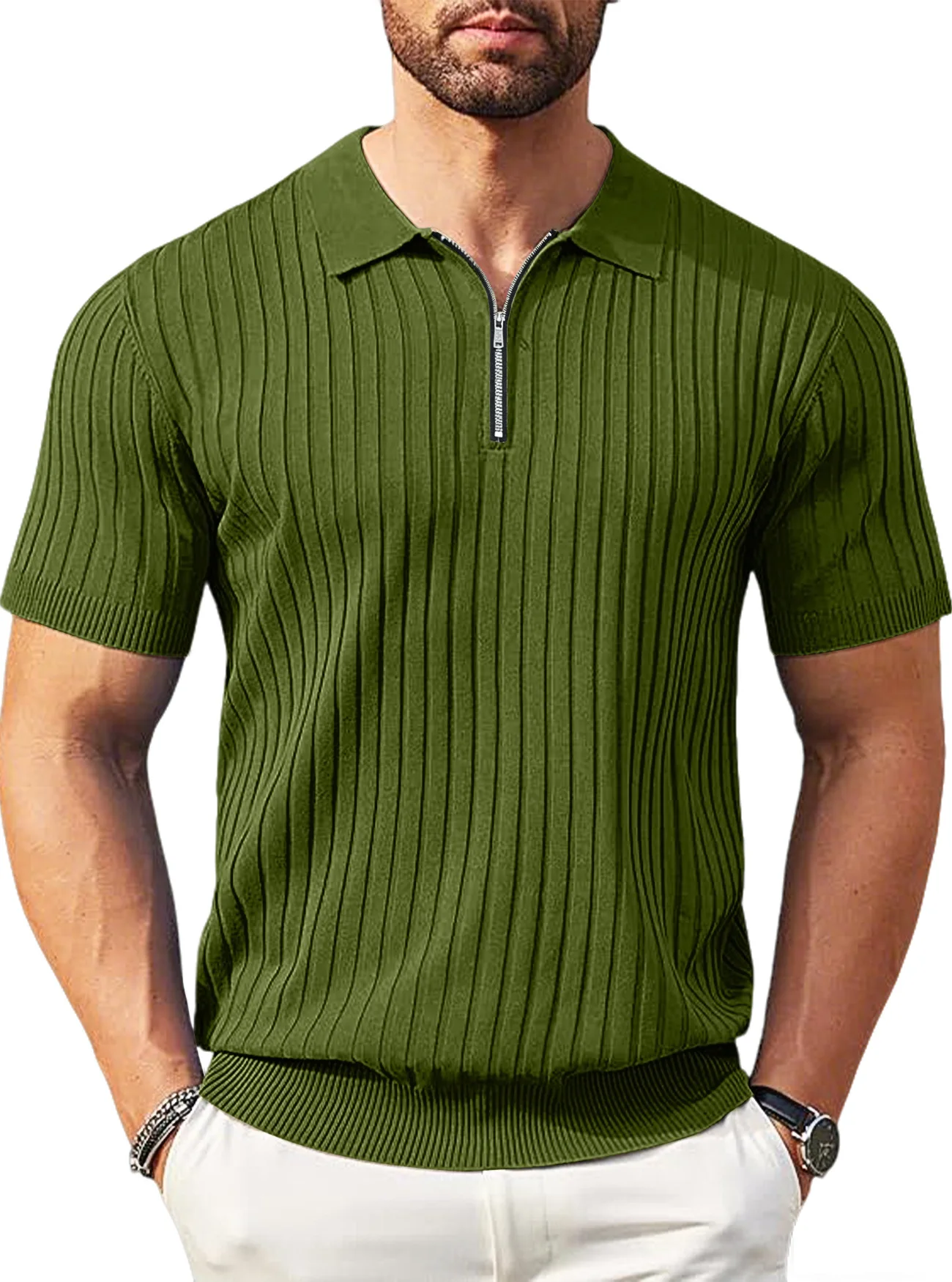 

Summer Men's Vertical Stripes Henry Collar Half-Zip Polo Shirt - Breathable, Elastic, Comfortable, Casual Short-Sleeved T-Shirt