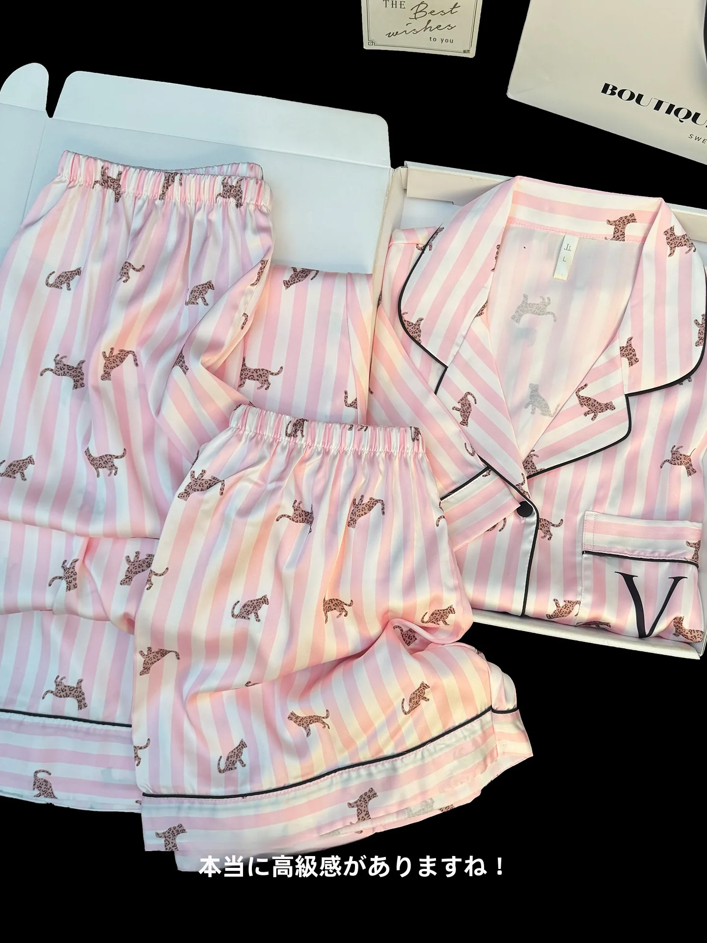 pink-striped-leopard-print-ice-silk-sleepwear-women's-summer-three-piece-set-long-pants-short-sleeve-high-end-silk-home-clothes