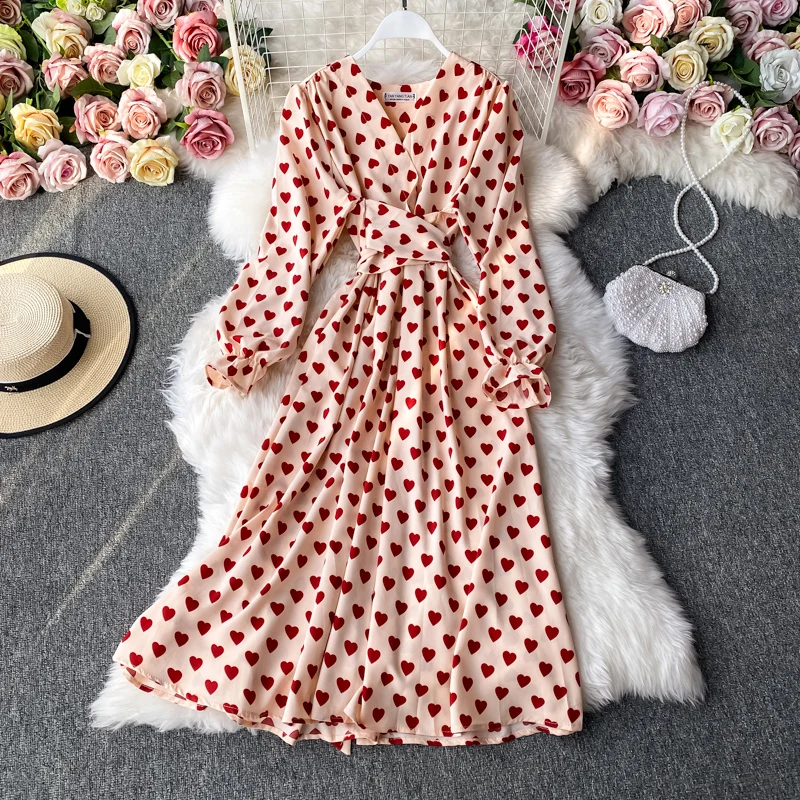 YuooMuoo 2023 New Autumn Romantic Heart Print Women Dress Elegant Bandage Long Sleeve Big Swing Party Vestidos Ladies Vestidos