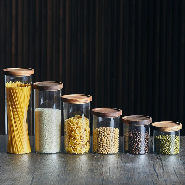 Luxury Large Stackable Kitchen Pantry Spaghetti Pasta Cereals Spice Food Storage Glass Containers Jar Set with Acacia Wooden Lid