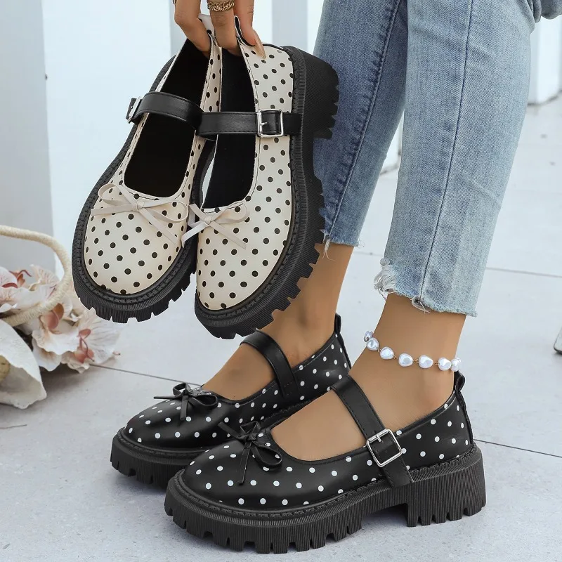 Spring Autumn Round Toe Women Mary Jane Shoes 2026 Fashion Retro Polka Dot Bow Decor Adjustable Buckle Strap Casual Single Shoes