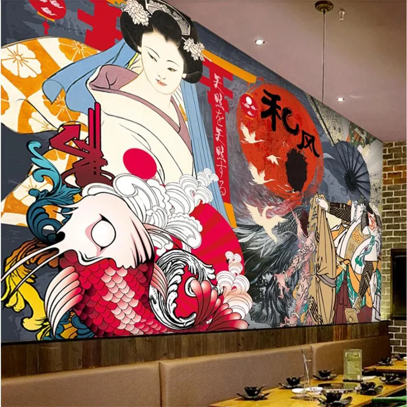 Custom Ukiyo-e Characters Mural Wallpaper 3D Japanese Cuisine Sushi Restaurant Wall Covering Industrial Decor Wall Paper 3D