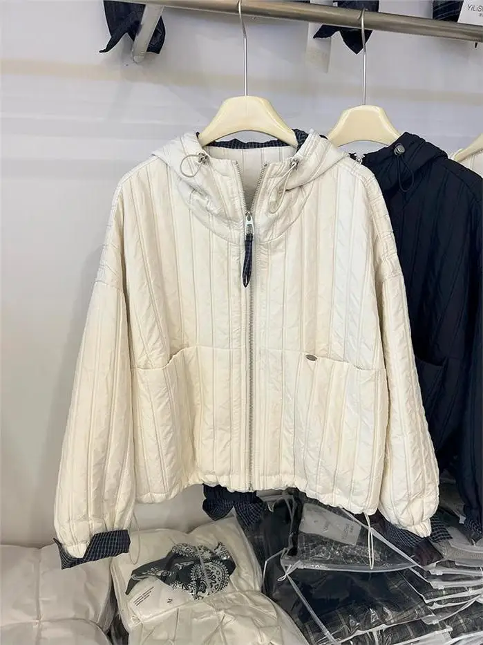 

Легкая хлопковая куртка с капюшоном и клетчатыми вставками, женское короткое пальто, новинка весна-осень, тонкая хлопковая одежда