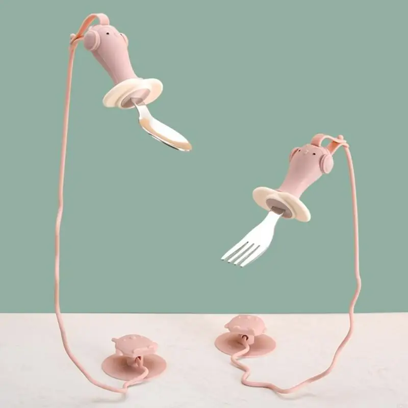 

Infant Training Spoon and Fork Set Secure Suction Base Design Silicone Handle for Early Feeding Skills Training 425F