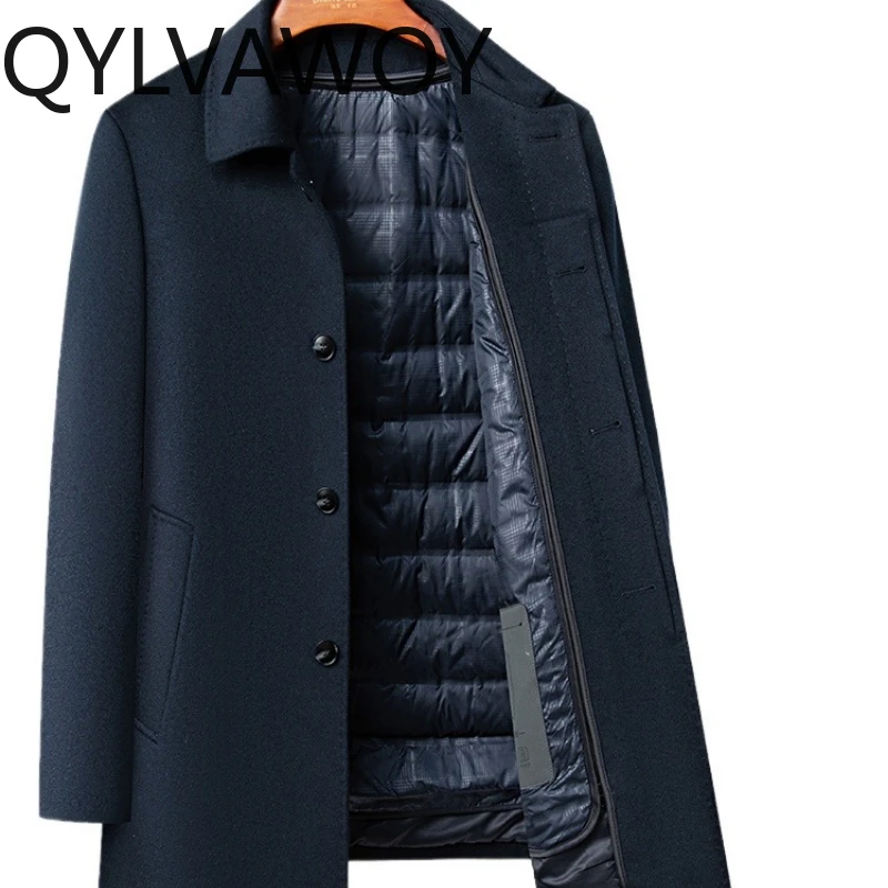

QYLVAWOY Winter Men's Wool Coat Mid-Length Lapel Outerwear Middle-Aged & Elderly Warm Stylish High-Quality Woolen Jacket LJ2762